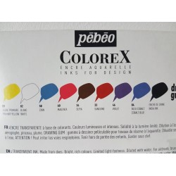 Water-based ink set, 10 colors, 20 ml liquid + drawing glue + black Indian ink + 3 pipettes. Colorex Pebeo Water-based ink set, 10 colors, 20 ml liquid + drawing glue + black Indian ink + 3 pipettes. Colorex Pebeo